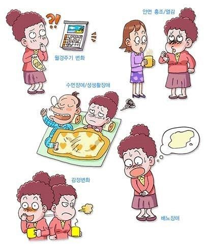 갱년기 증상 일러스트 - 안면홍조, 식은땀, 불면